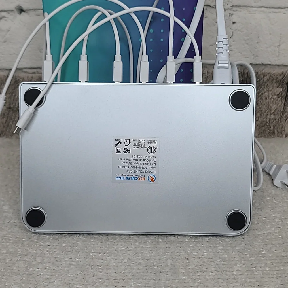 Hercules Tuff Charging Station for Multiple Devices, with 6 USB Ports Silver NWT